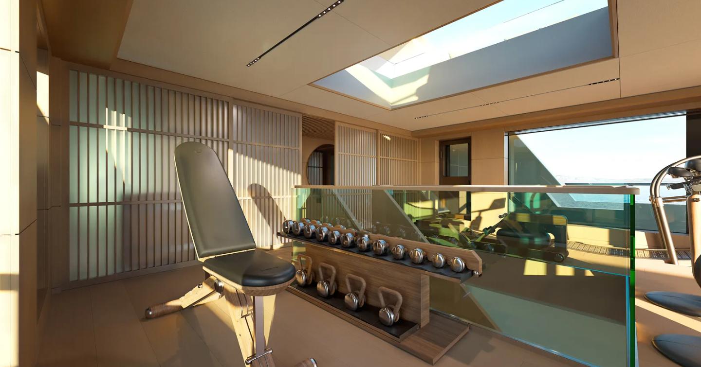 Rendering of Superyacht Sea Rover indoor gym with weights and glass partition 