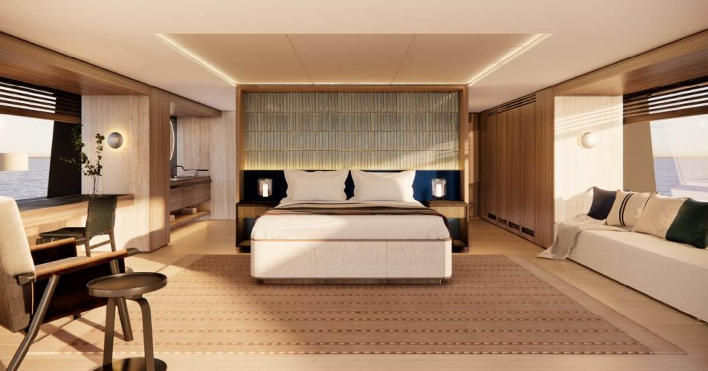 Motor yacht Benetti Oasis 42M owners cabin with large bed, ensuite and spacious surroundings 