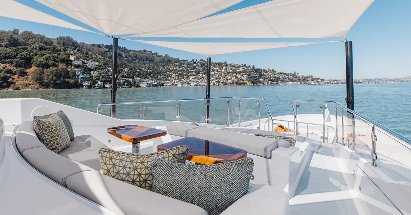 Superyacht Figaro's foredeck with shaded sunpads