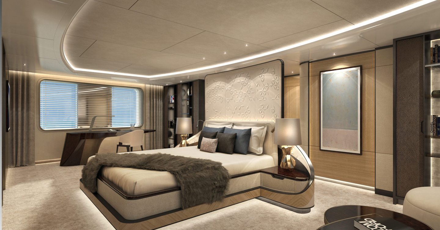 Side view of Damen SeaXplorer 55 yacht full beam master cabin, large bed with overhead lighting display