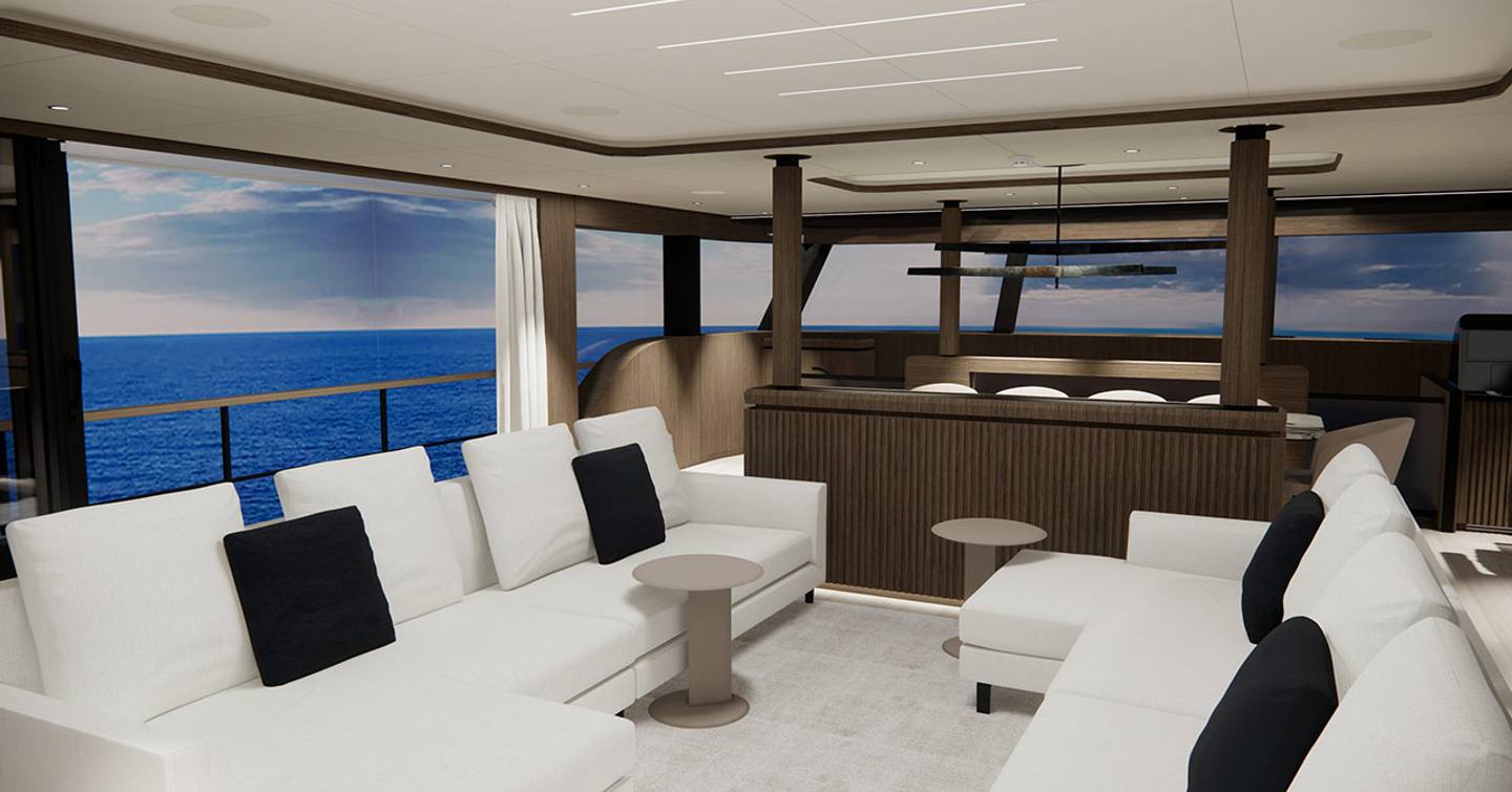 Rendering of Lazzara LPC 300 catamaran main saloon seating area