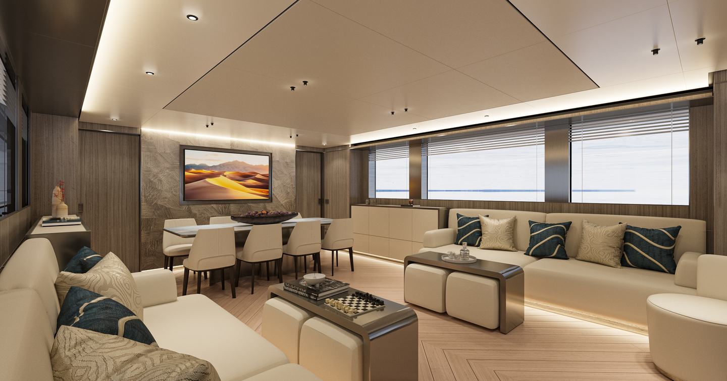 Rendering of Antonini Navi XPD95 Motor Yacht main saloon with white dual sofas 