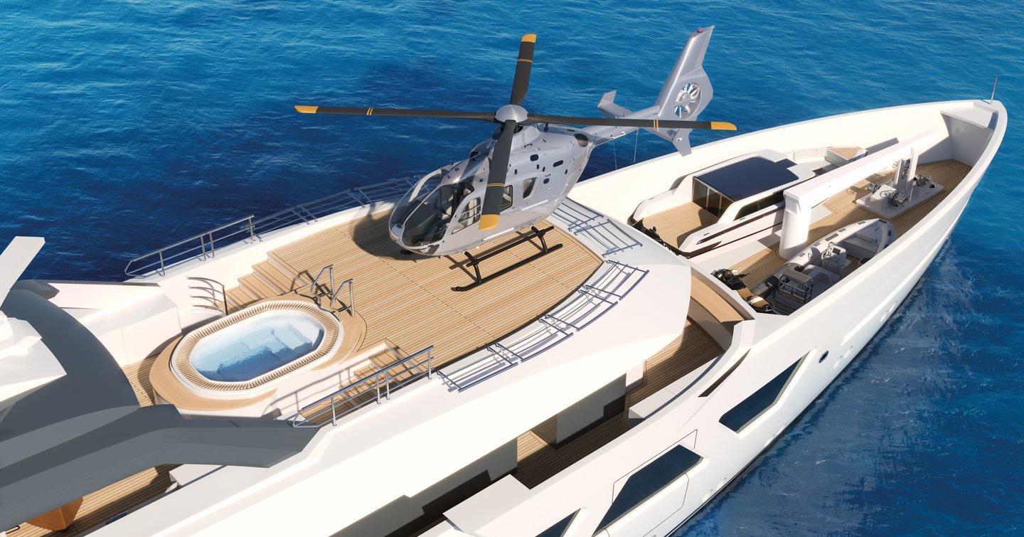 Rendering of Amels 60 superyacht touch and go helipad with helicopter landing 