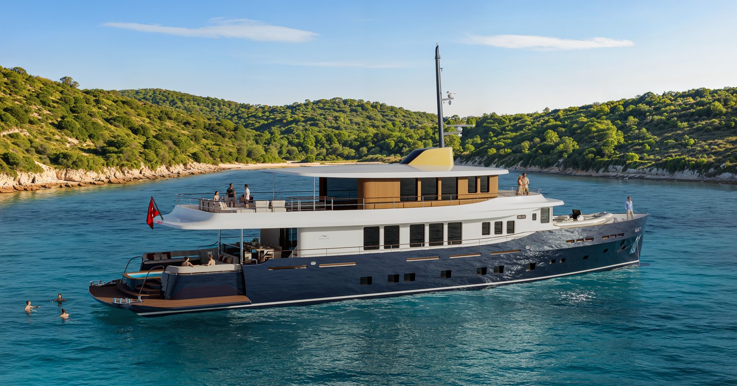 Rendering of Numarine 39MXPC superyacht at anchor and people swimming in the sea 