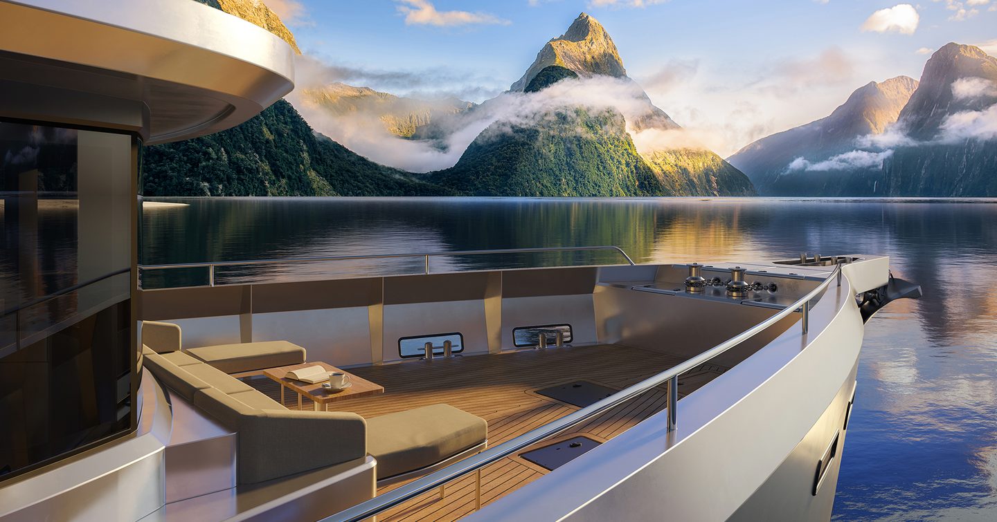 CGI of foredeck of Project Ocean with mountains in background