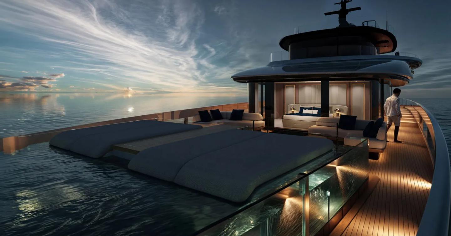 Rendering of Second Mangusta Oceano 52 superyacht foredeck with infinity pool