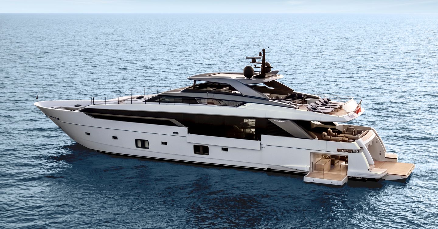 A look at the exterior port-side of the Sanlorenzo SL120A with its fold down balconies