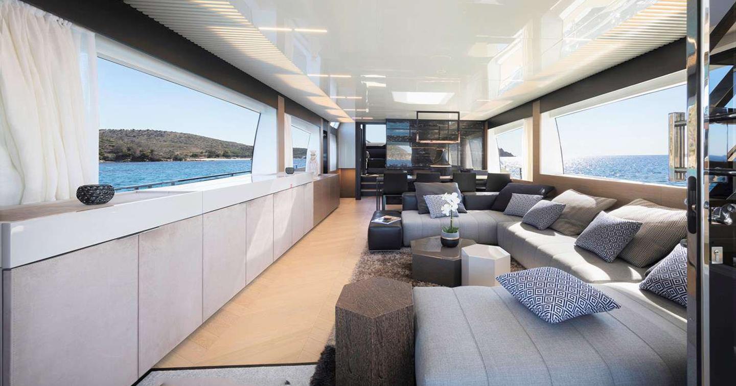 Motor Yacht Cloud Nine's main saloon with L-shaped sofa 