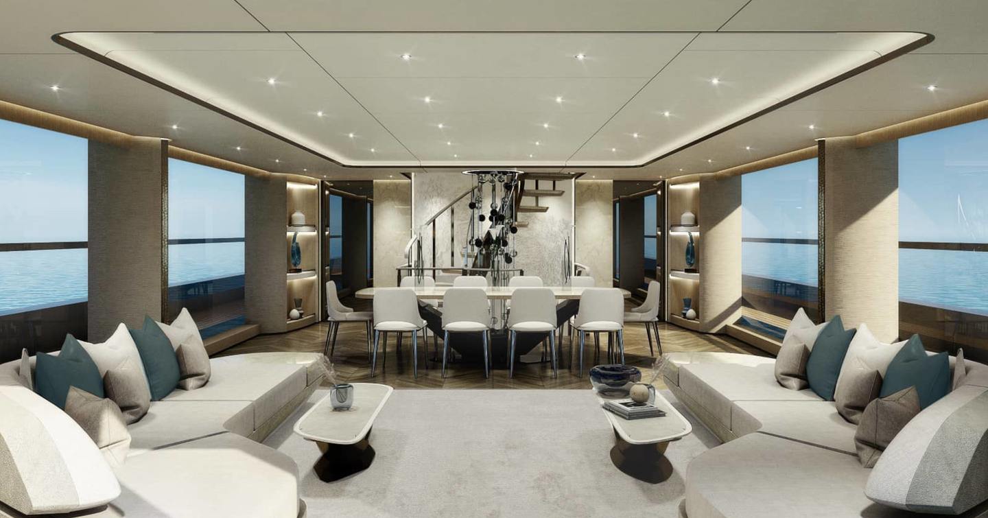 Rendering of Mengi Yay Vitrus XP Explorer Yacht main saloon