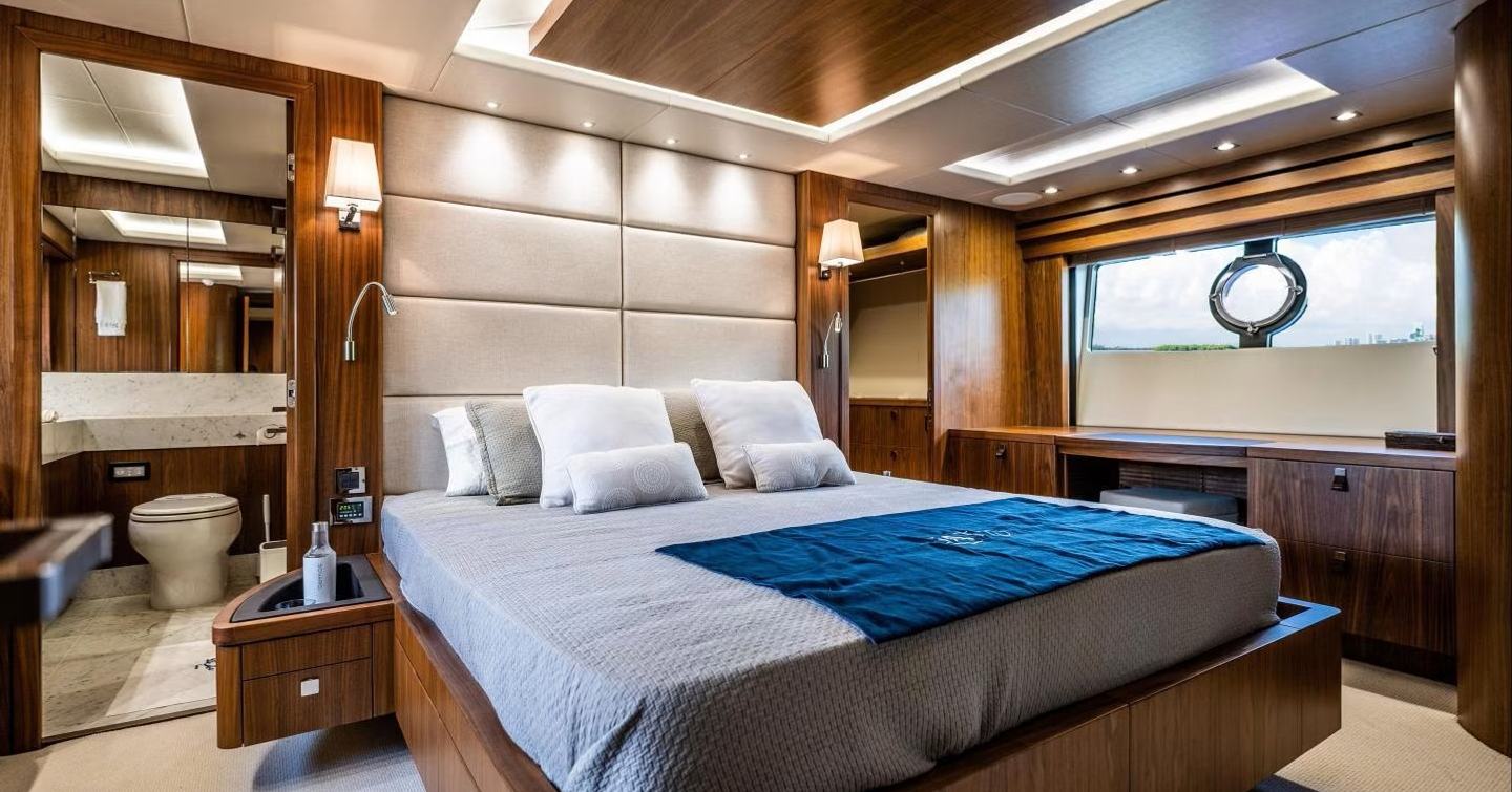 Sunseeker motor yacht Tatis master cabin with large window