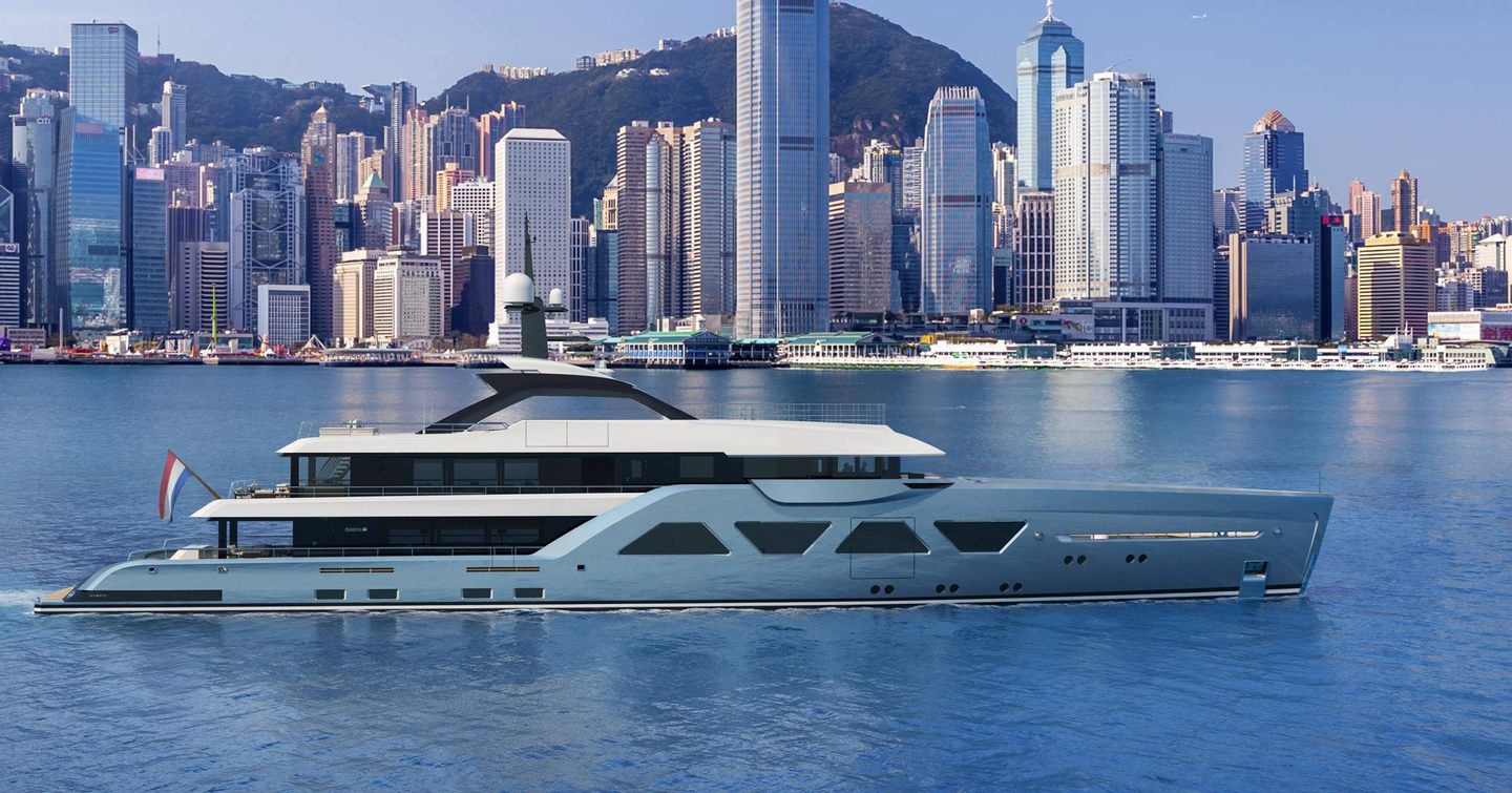 Rendering of Amels 60 superyacht under way in front of city skyline