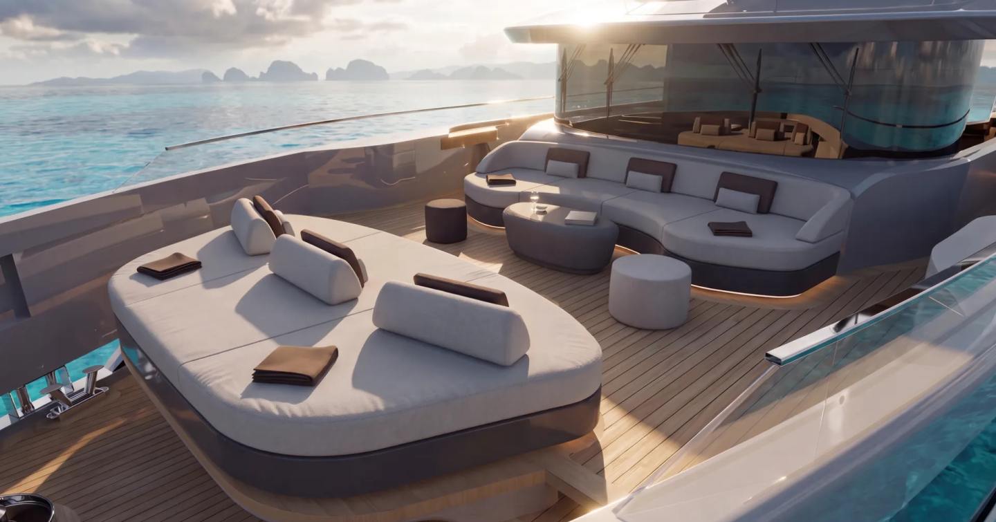 Rendering of Bellini Yacht Eternal 36 motor yacht foredeck with integrated sunpads