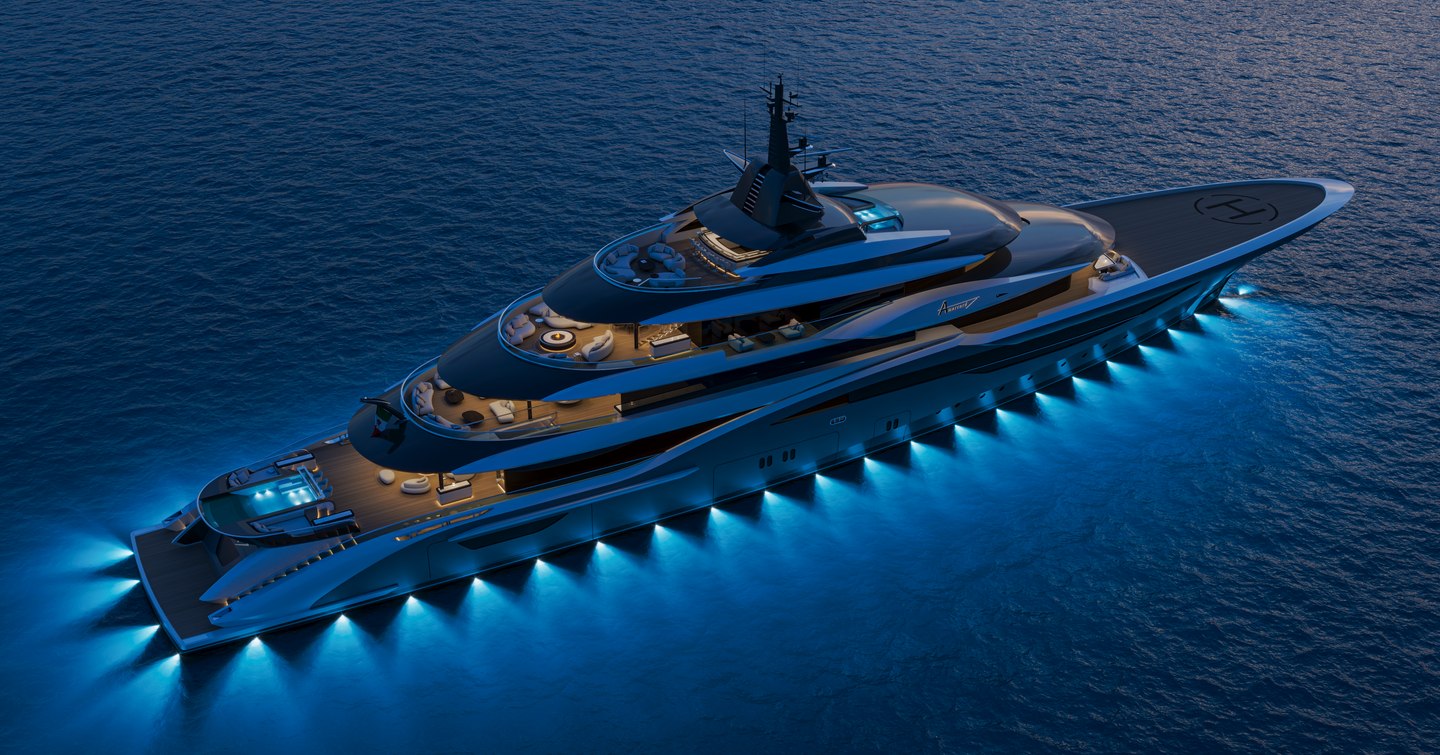 Rendering of ISA Amarcord 86 superyacht at anchor with underwater LED lights