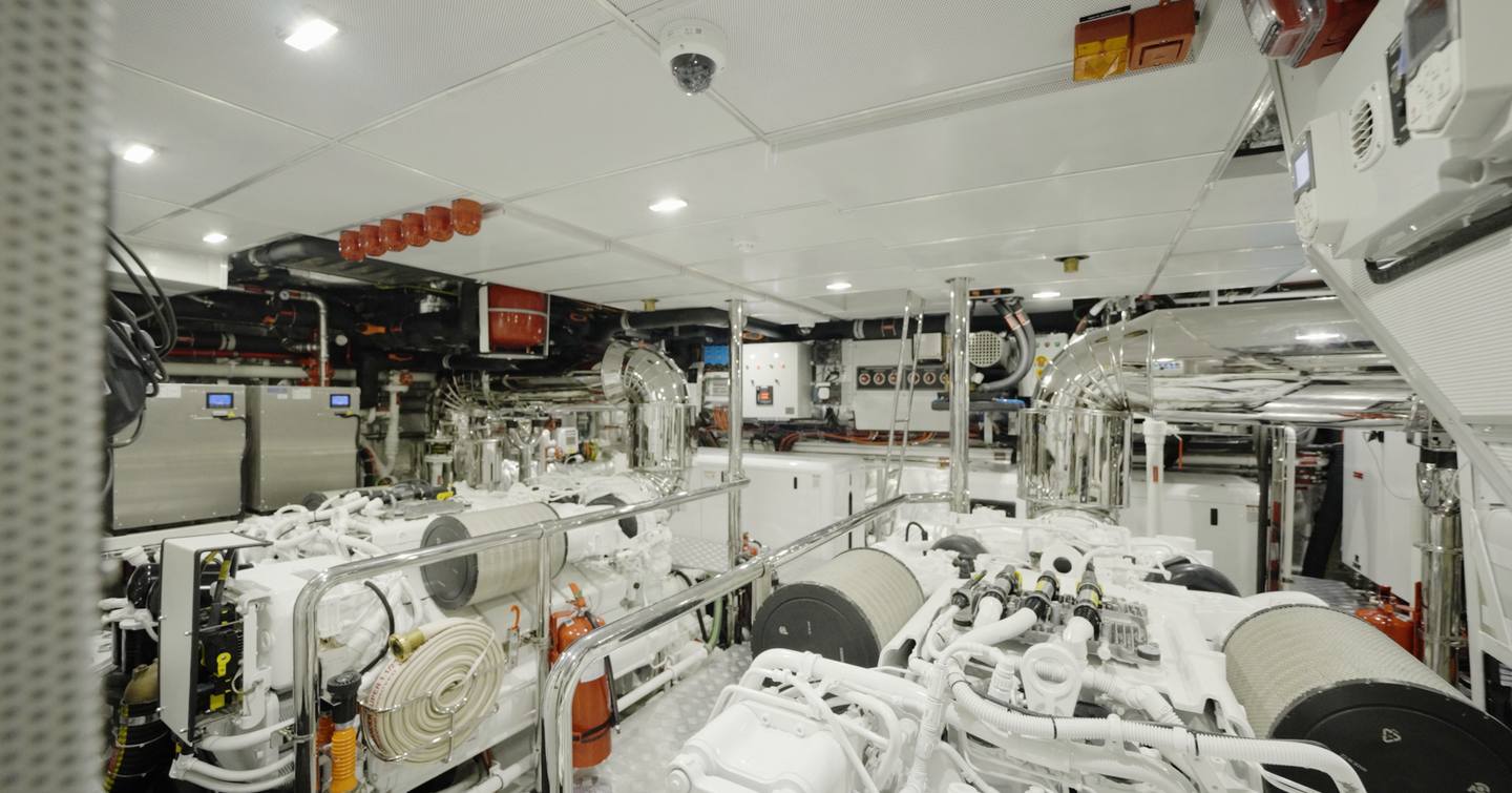Spacious engine room aboard the Gulf Craft Majesty 100 Terrace with twin MTU diesel engines