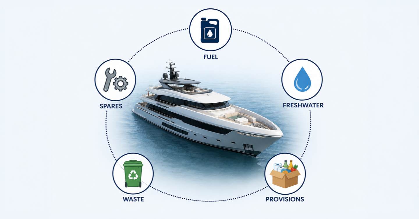 Infographic showing a yacht surrounded by five simple elements: fuel, freshwater, provisions, waste and spares.