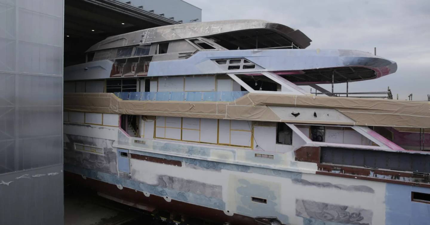 Close up of Flagship Amer 74 Steel superyacht superstructure pre-outfitting 