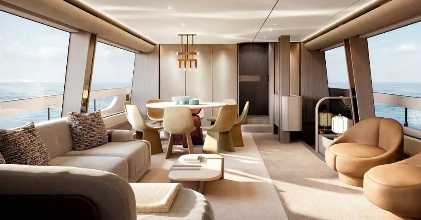 Rendering of Azimut Fly 82 motor yacht interior with circular dining table and L-shaped sofa