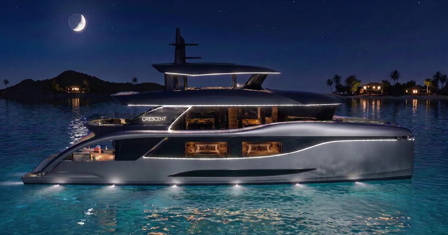 Crescent Custom Yachts First CCY110 superyacht at anchor side view 