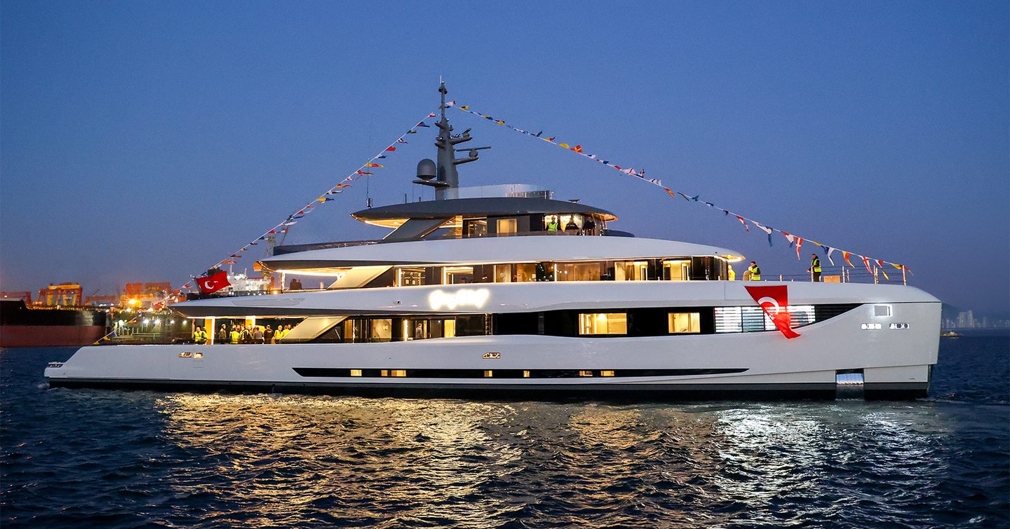 Superyacht Gray Wolf at launch at night