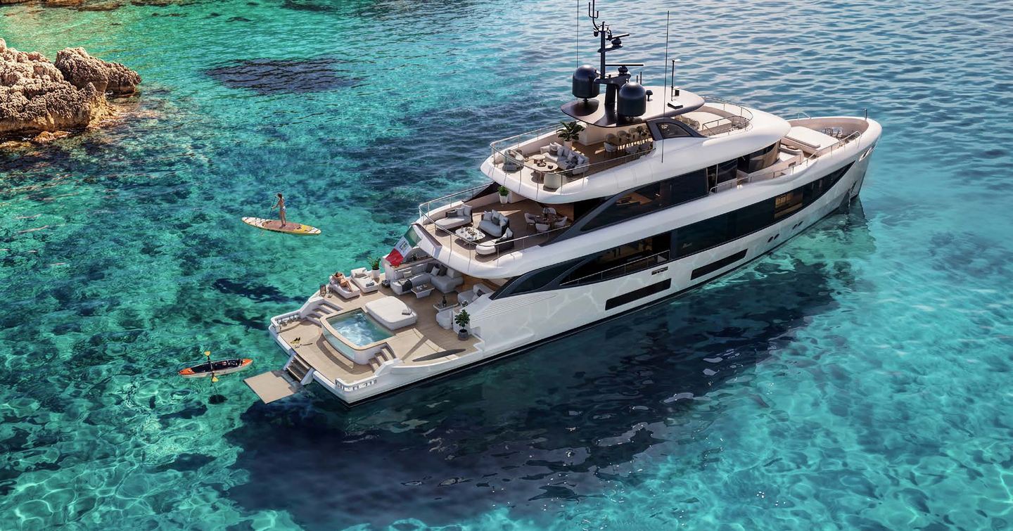 Rendering of Benetti Oasis 36M Superyacht at anchor with toys 