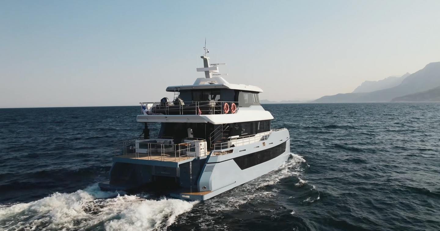 Stern shot of Bering BC60 Explorer Catamaran under way on sea trials