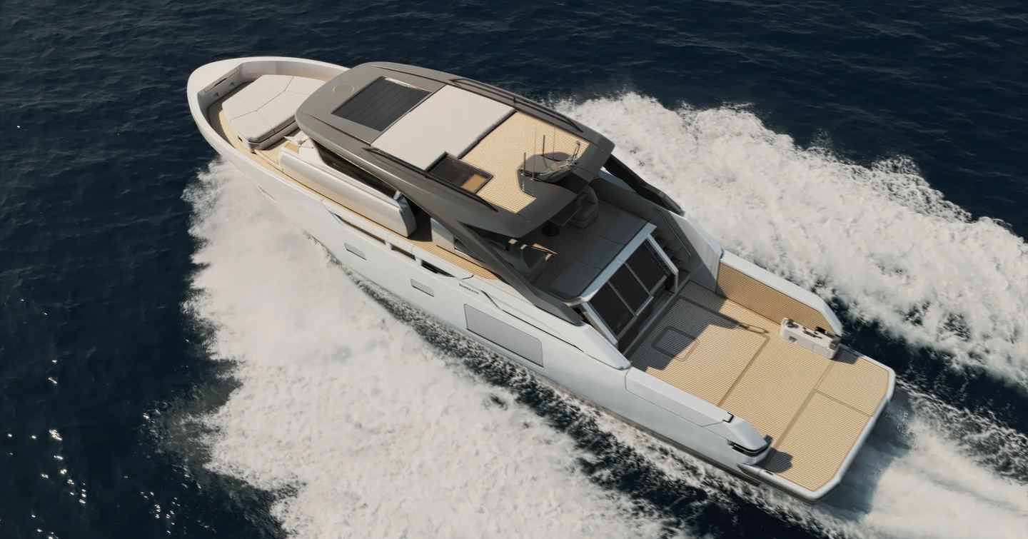Bluegame BG64 motor yacht underway aerial view 