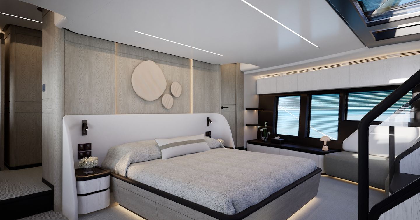 Master cabin of Pearl 100 Hybrid motor yacht with panoramic windows