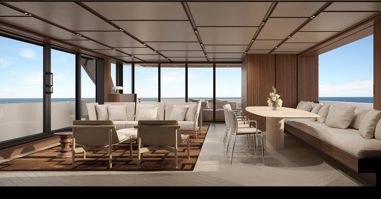 Rendering of Sanlorenzo S110 Asymmetrical motor yacht main saloon with dining area