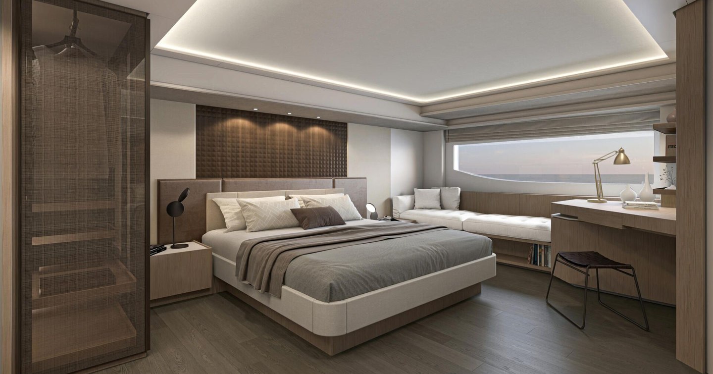 Rendering of Prestiga M7 Catamaran master cabin