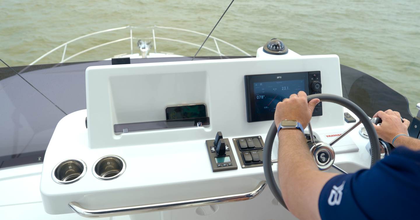 Flybridge helm controls on the Beneteau Swift Trawler 37 Fly