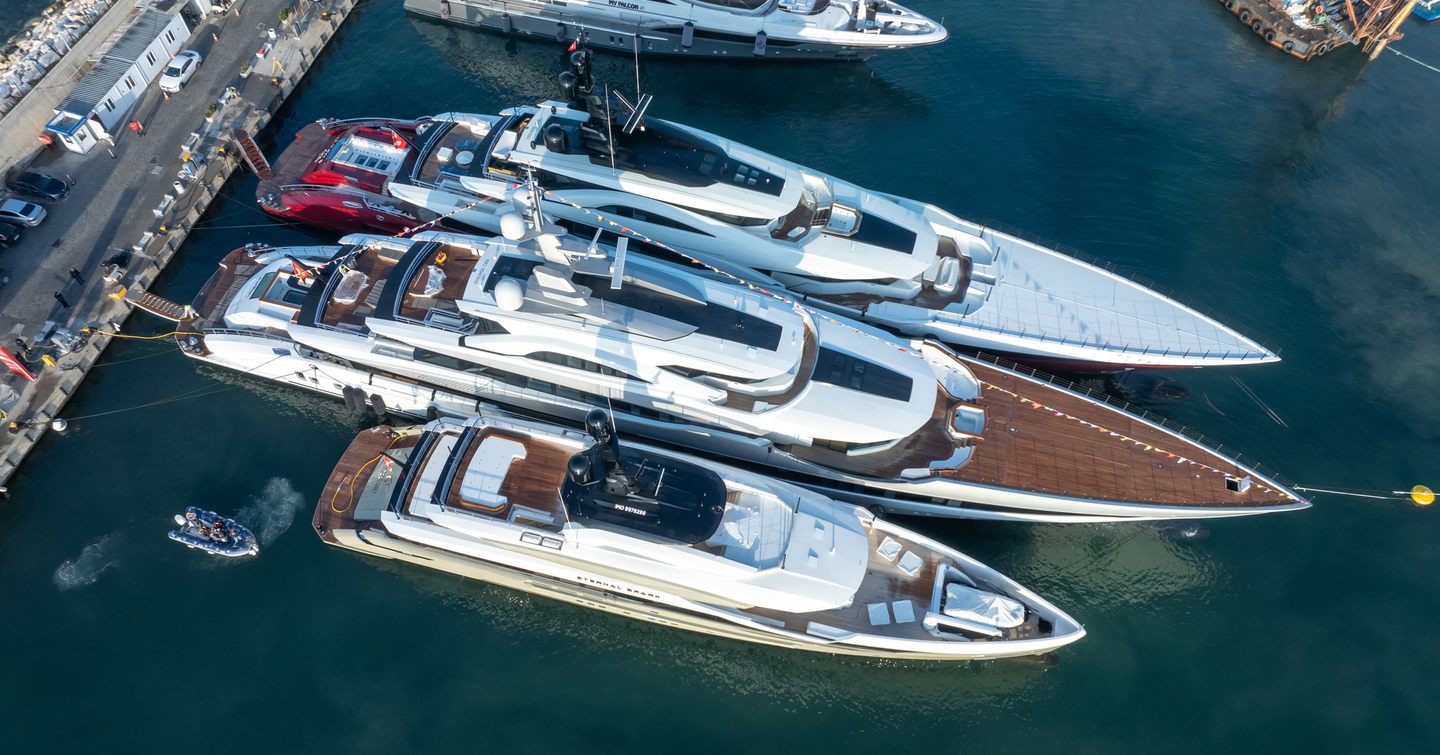 Aerial view of superyachts Eternal Spark, Al Reem and Eternal Spark docked in the harbour 