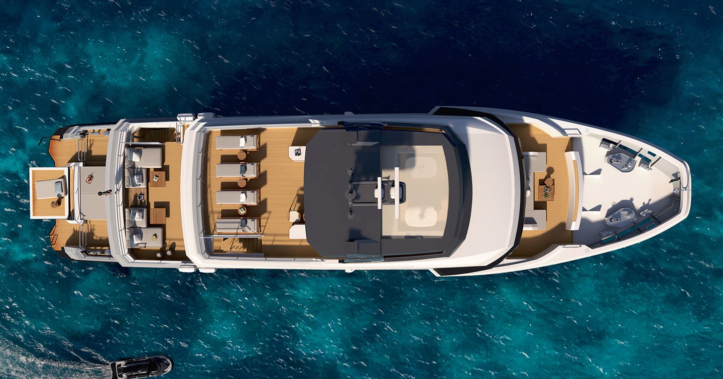 Aerial Rendering of Ocean King Explorer 34M explorer yacht at anchor 