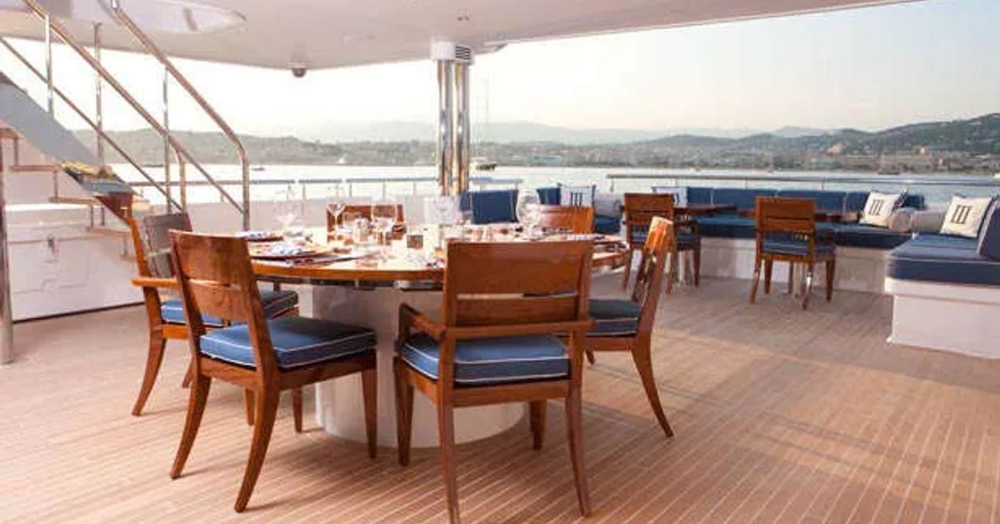 Rendering of Motor yacht Annastar's  aft deck with circular dining table 