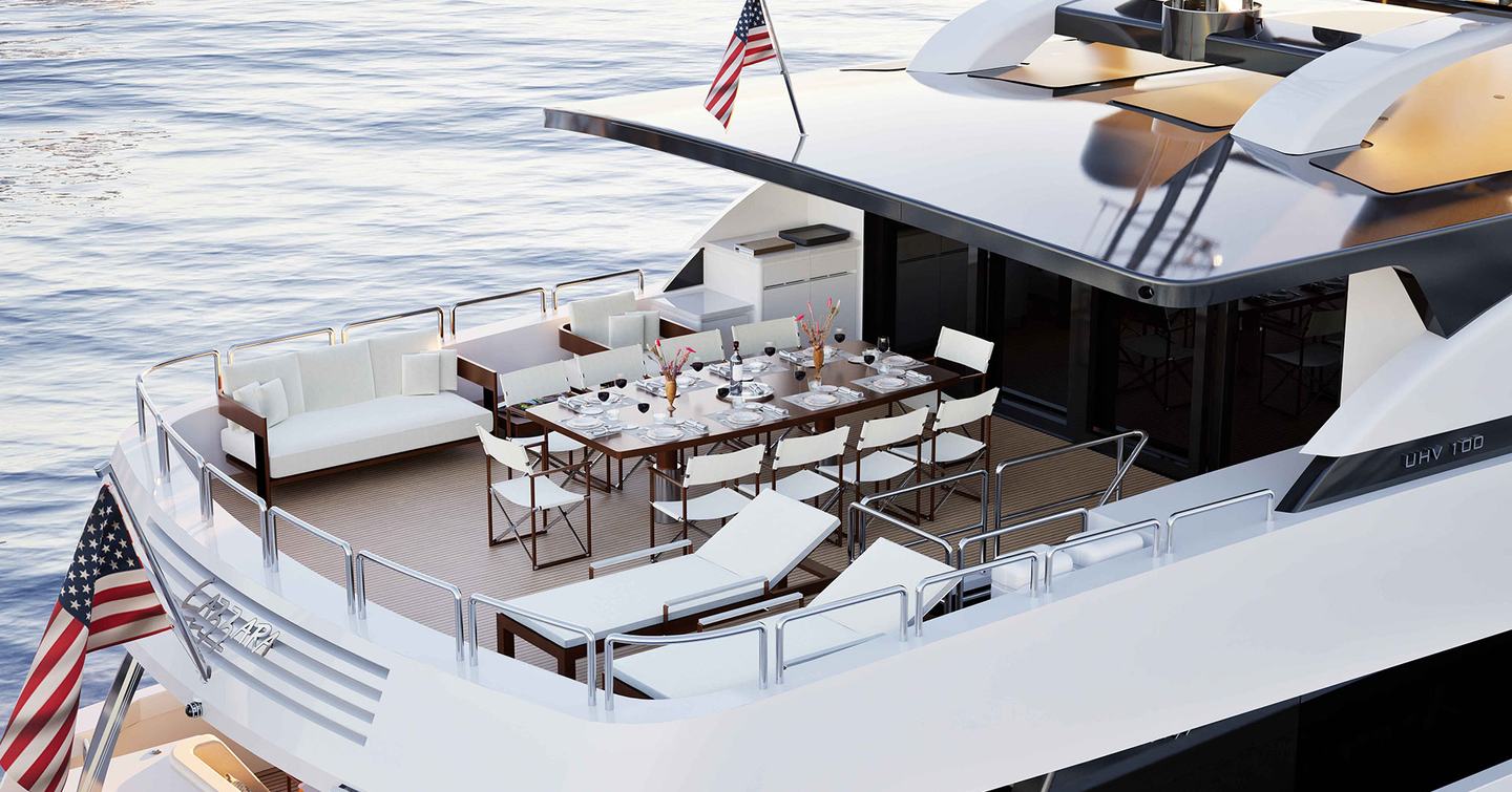 Rendering of Lazzara UHV 100 motor yacht upper aft deck with shaded aflresco dining