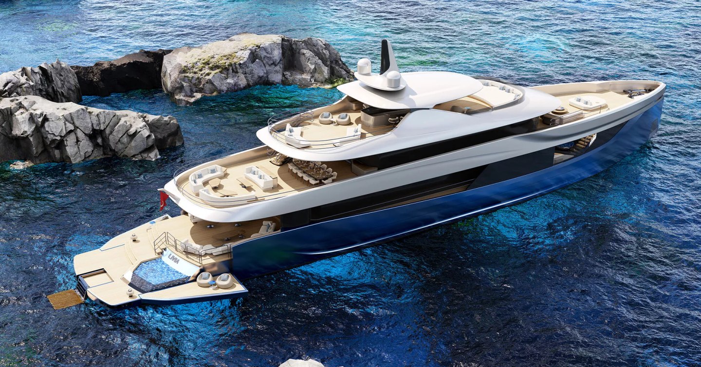 Rendering of LIVIA  Aura superyacht at anchor with fold out stern terraces