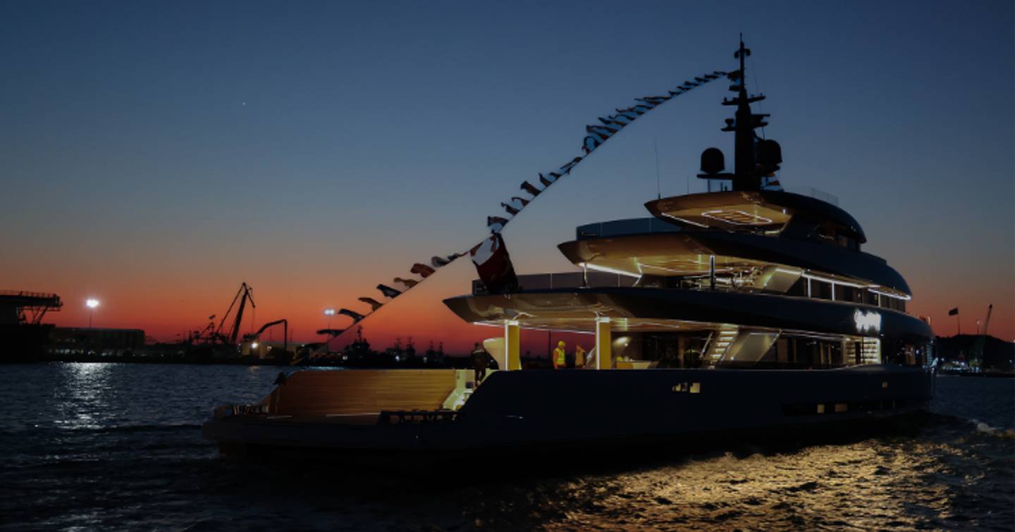 Mengi Yay superyacht Gray Wolf stern at night 