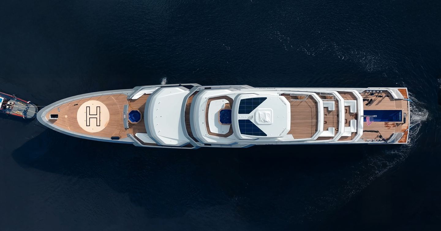 Aerial view of Expedition Yacht Valor at anchor 
