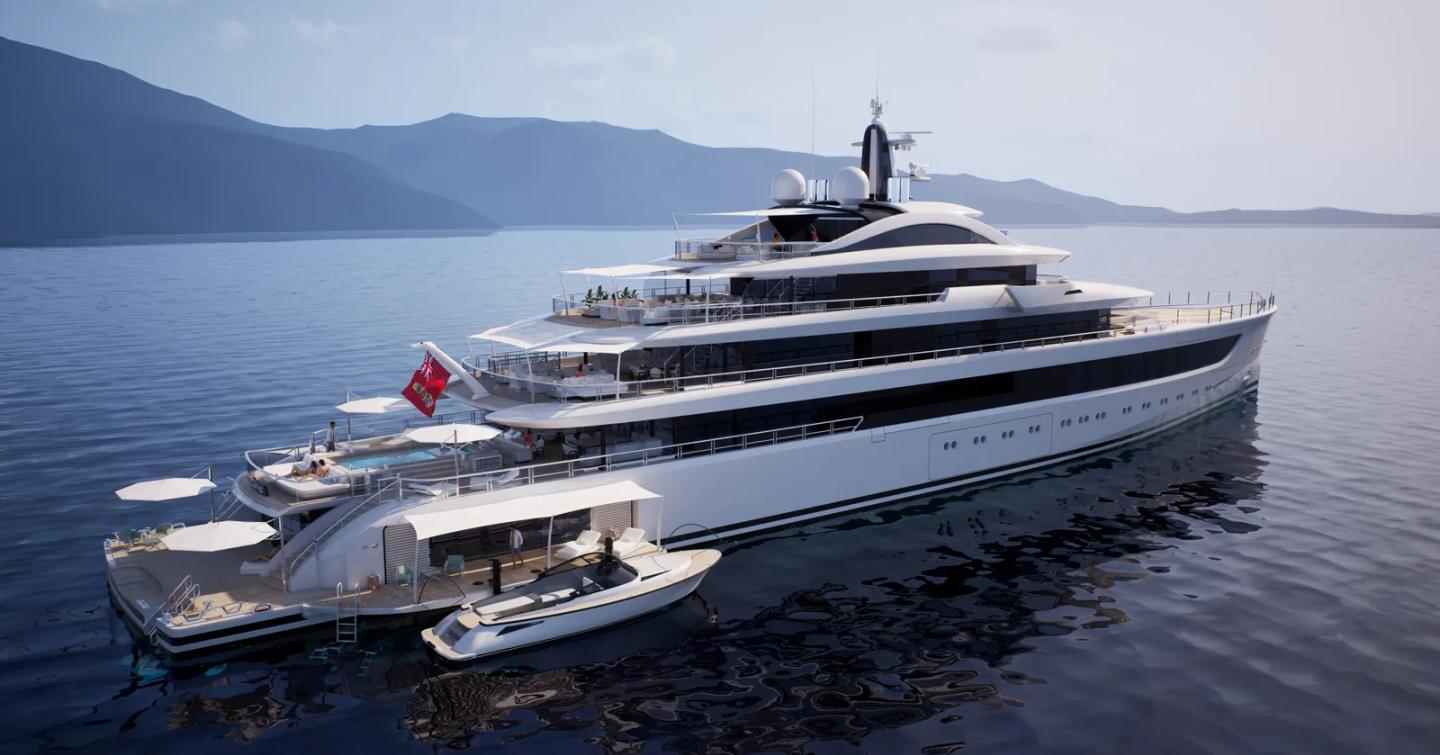 Rendering of Project Life superyacht at anchor with tender deploying