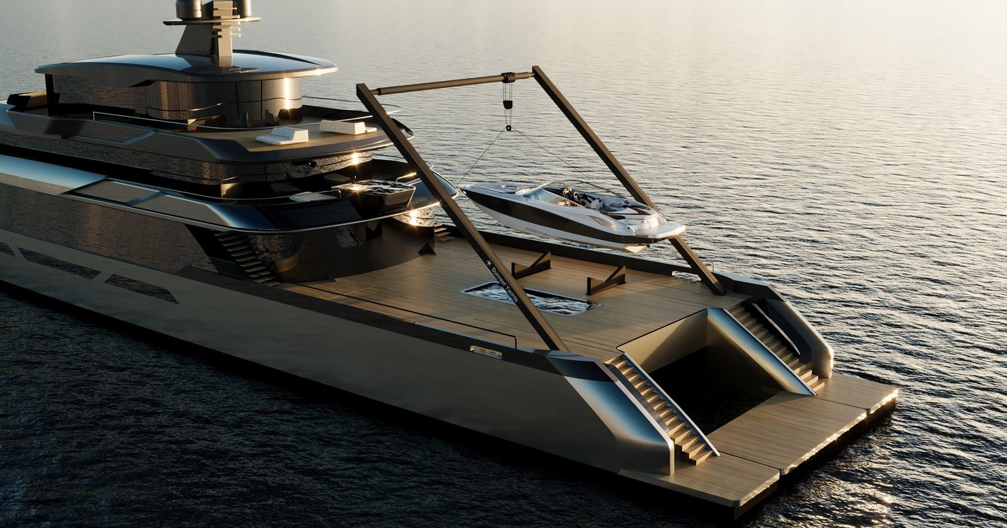 Rendering of Sunreef 65M Explorer catamaran with tender being lowered onto aft deck