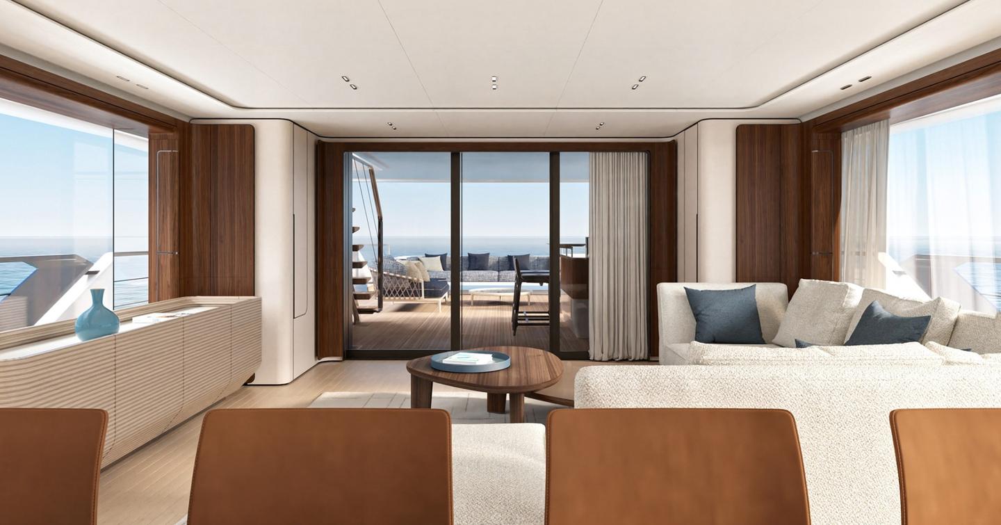 Rendering of Custom Line Saetta 128' motor yacht main saloon glass sliding doors
