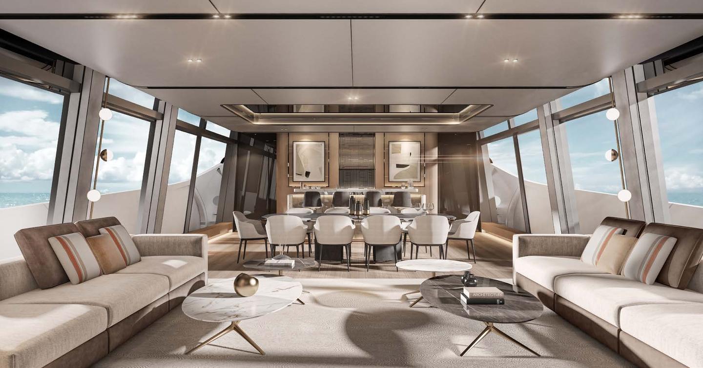 Rendering of Mangusta 165 REV motor yacht main saloon 