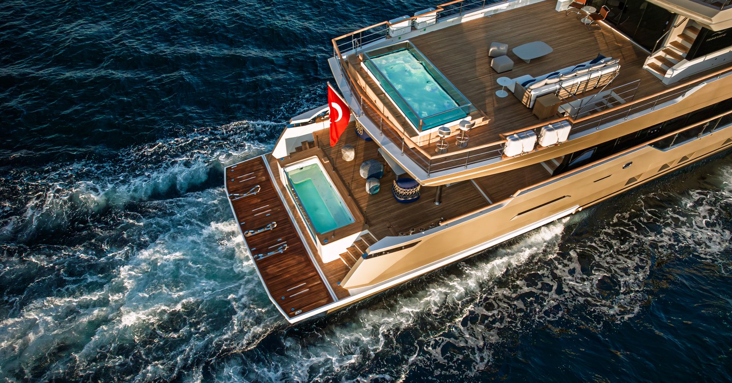 Explorer Yacht Miouch aft decks with infinity pools and alfresco dining