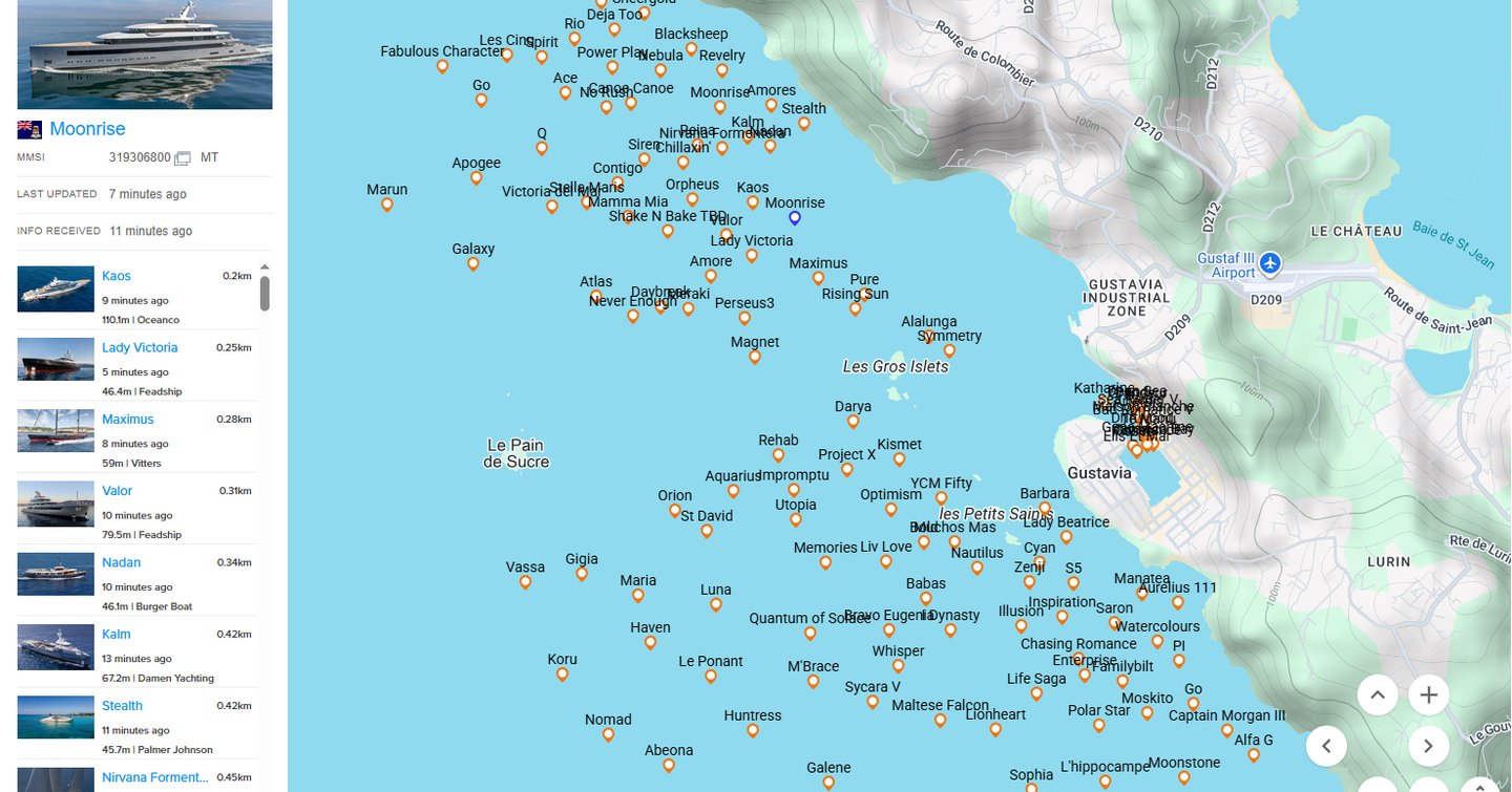 Screenshot of Superyachts in St Barts via YachtBuyerPRO 