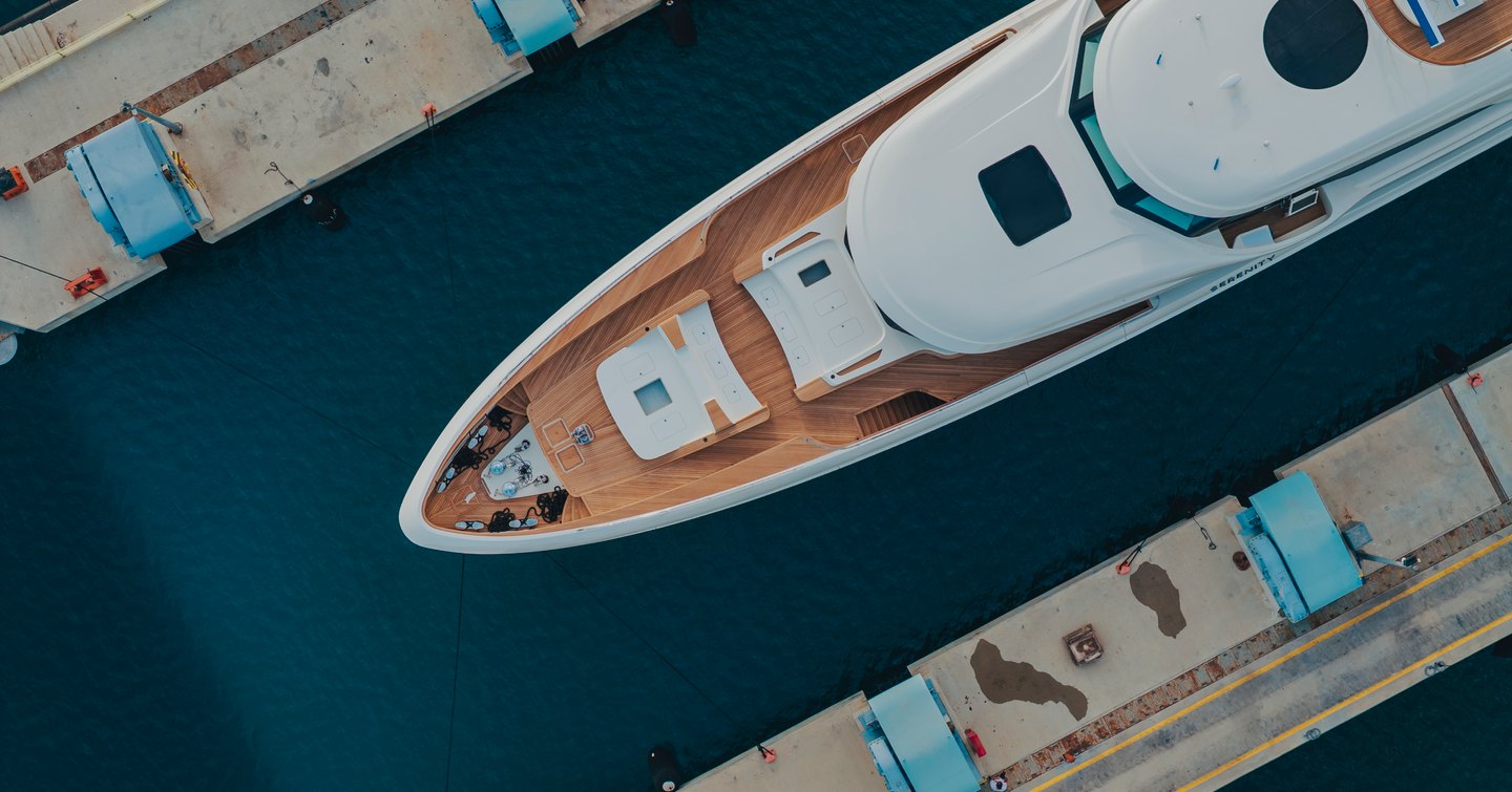 Aerial view of Superyacht Serenity II foredeck with notable teak details 