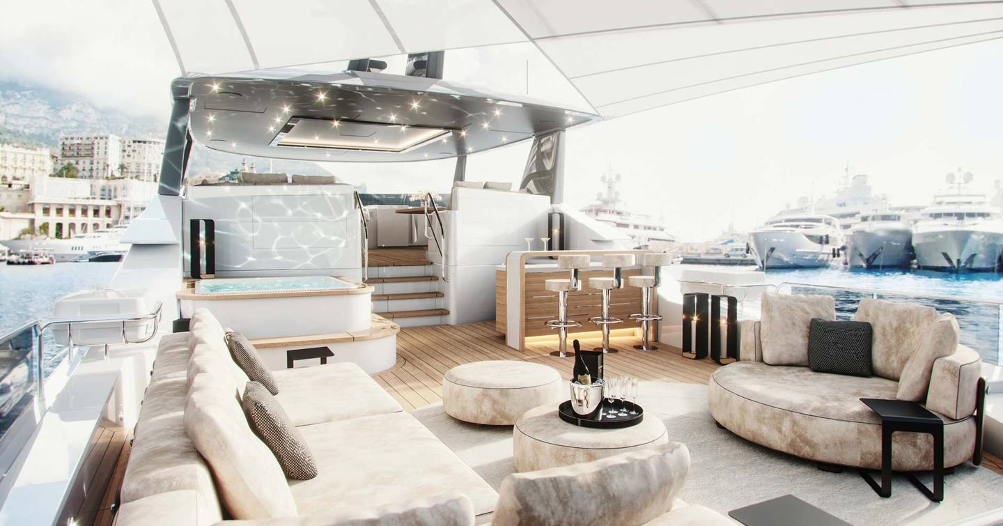 Rendering of Westport W135 motor yacht aft flybridge with plush seating, bar area and jacuzzi