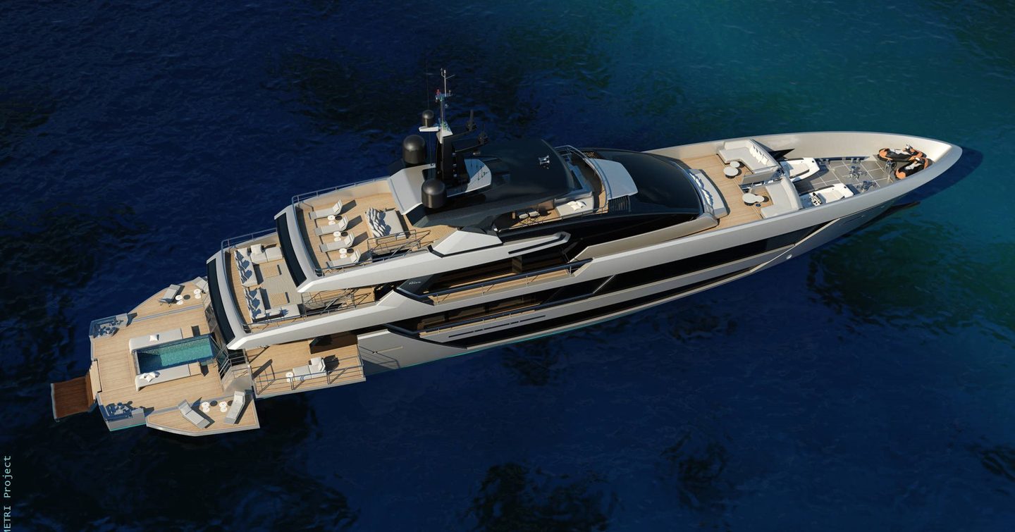 Riva 54Metri motor yacht at anchor with extended beach club