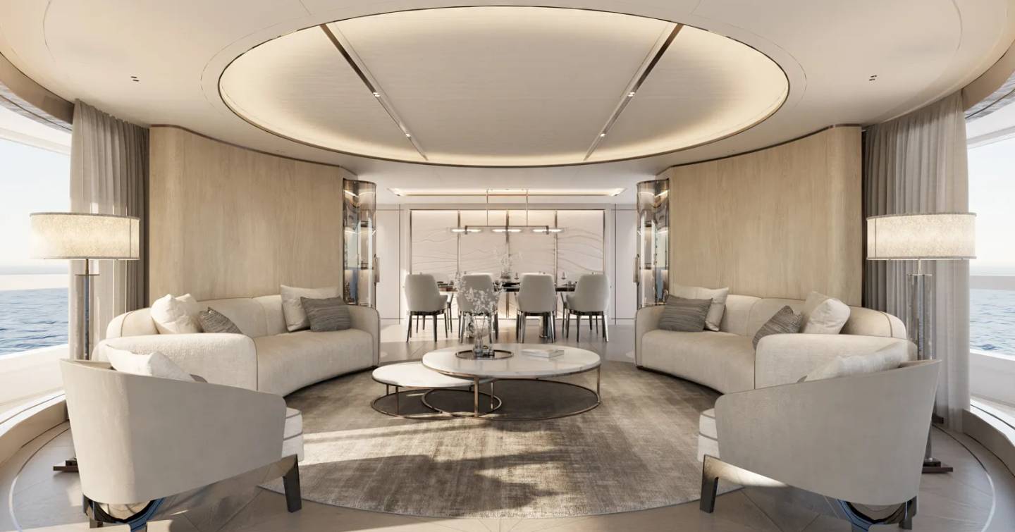 Rendering of Moonen 133 Mallorca motor yacht main saloon with curved seating and dining area 