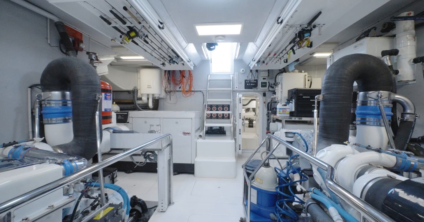 Nordhavn 75 EYF engine room with twin MTU Series 60 engines and spacious walkaround machinery layout