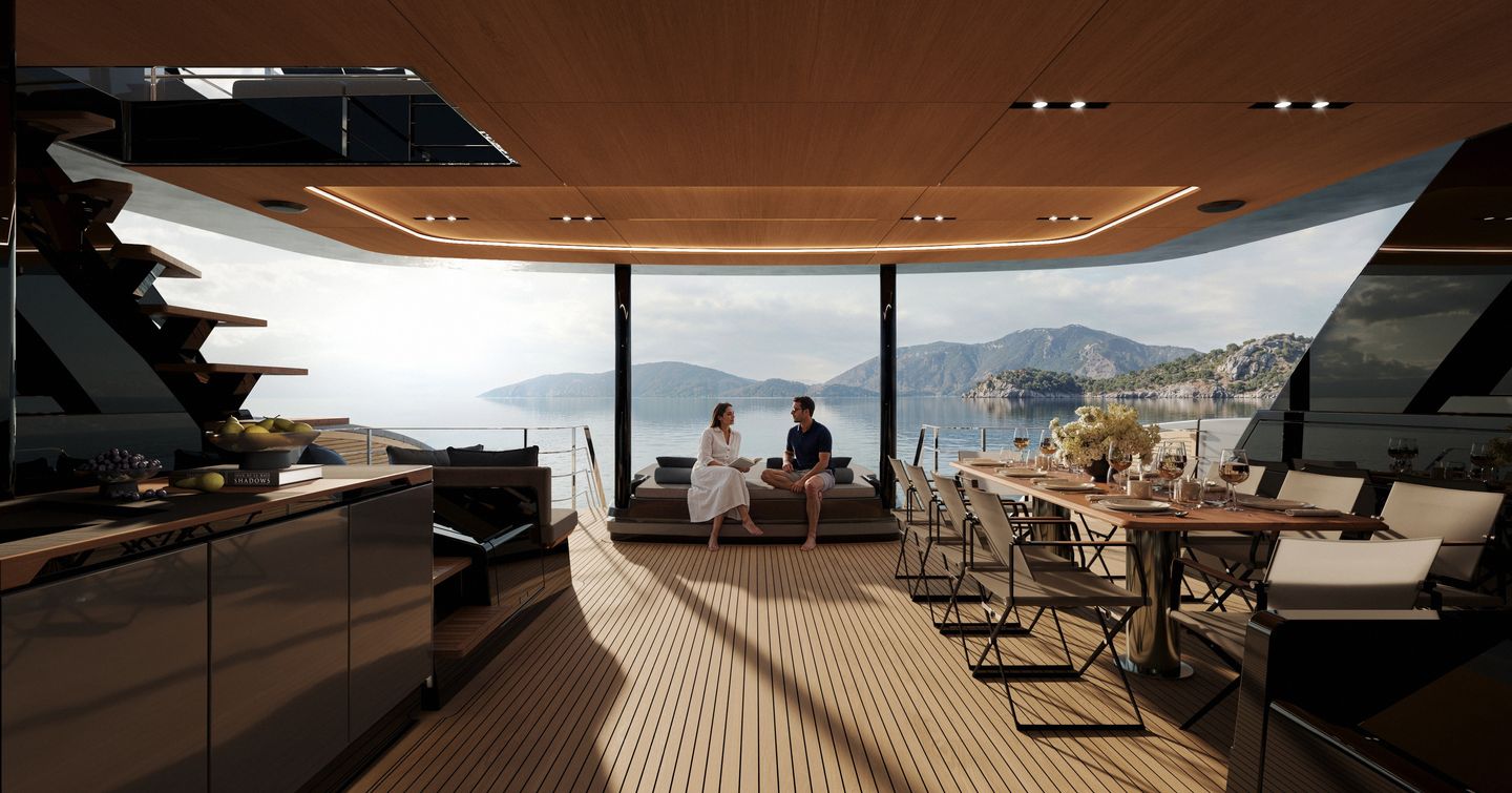 Rendering of couple sitting on main aft deck of Sunreef Ultima 88 Catamaran