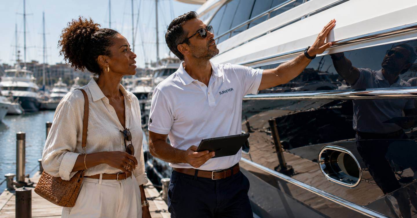 Yacht buyer and surveyor checking yacht at marina 